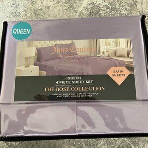 Juicy Couture Rose Collection Purple Satin  Queen Sheet Set New In Package.